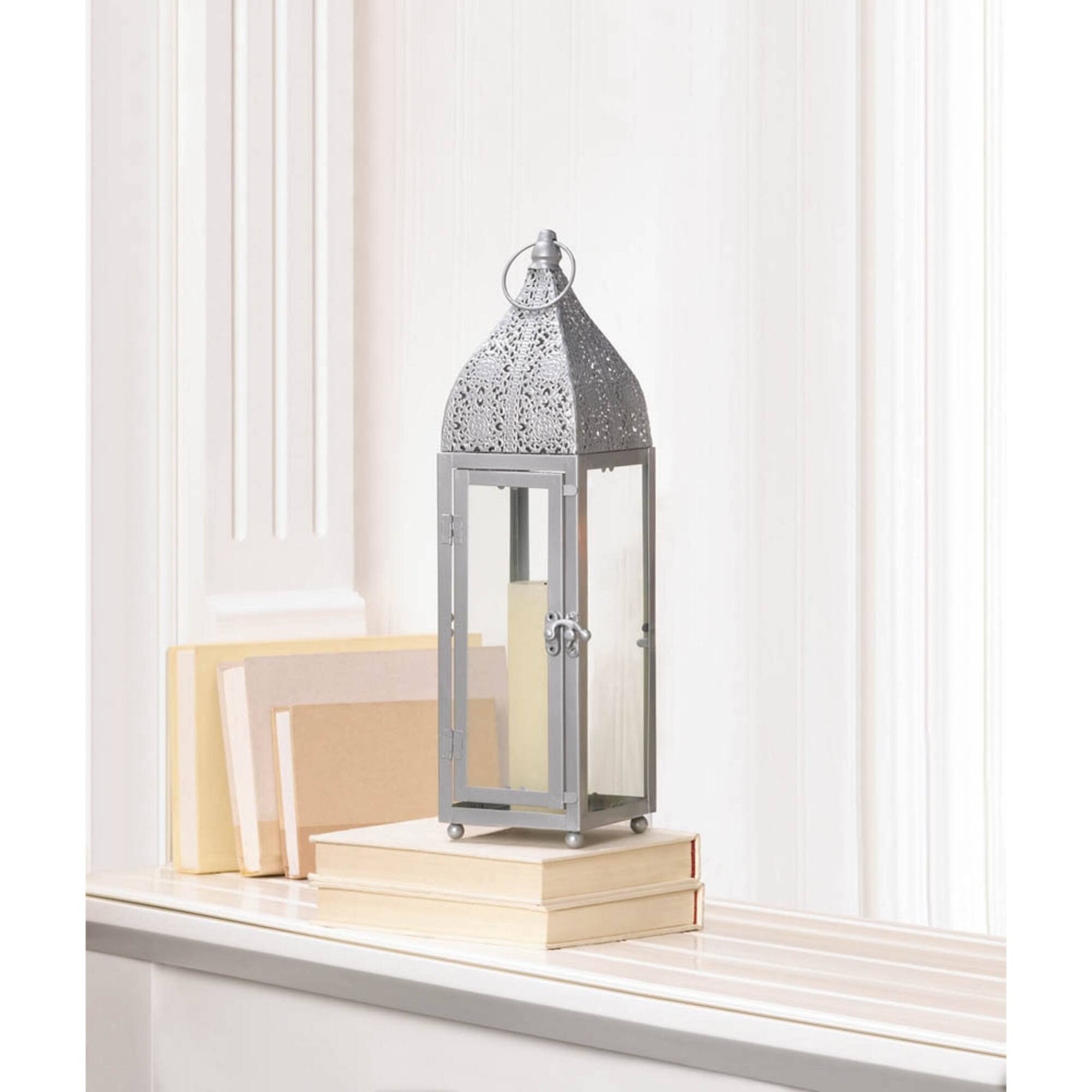 15" Small Silver Metal Rectangular Moroccan Style Candle Lantern